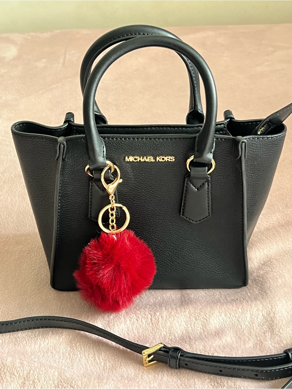Michael Kors Black Leather Satchel with Red Pom Charm